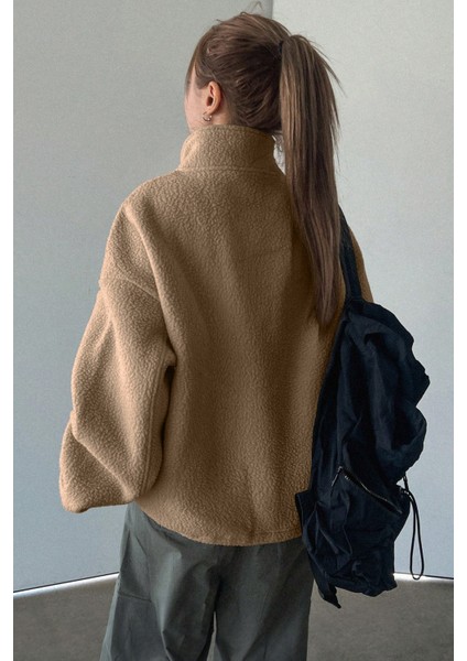 Kadın Ultra Isı Peluş Sherpa Oversize Yarım Metal Fermuar Lastik Ayarlı Polar Sweatshirt indirimleri