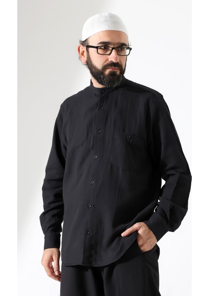 Erkek Müslin Hakim Yaka Uzun Kollu Düğmeli Gömlek, Hac Umre Kıyafeti - Siyah (Ans)