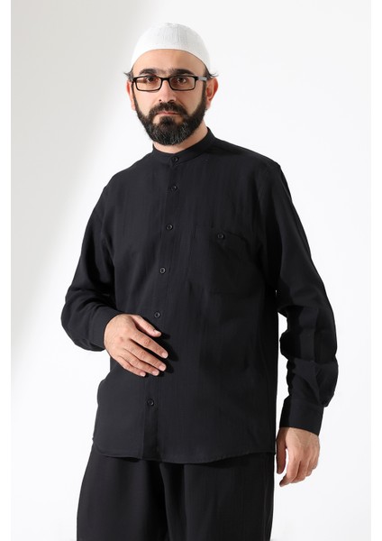 Erkek Müslin Hakim Yaka Uzun Kollu Düğmeli Gömlek, Hac Umre Kıyafeti - Siyah (Ans) fiyatları