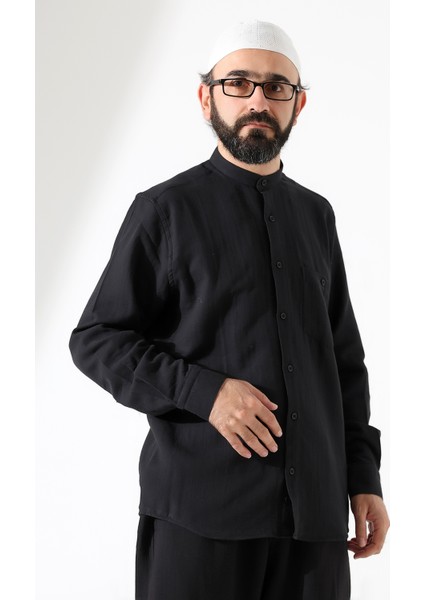 Erkek Müslin Hakim Yaka Uzun Kollu Düğmeli Gömlek, Hac Umre Kıyafeti - Siyah (Ans) modelleri