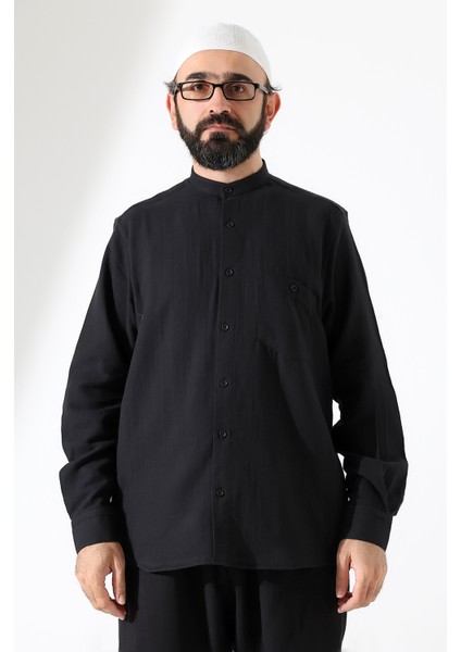Erkek Müslin Hakim Yaka Uzun Kollu Düğmeli Gömlek, Hac Umre Kıyafeti - Siyah (Ans) fırsatları
