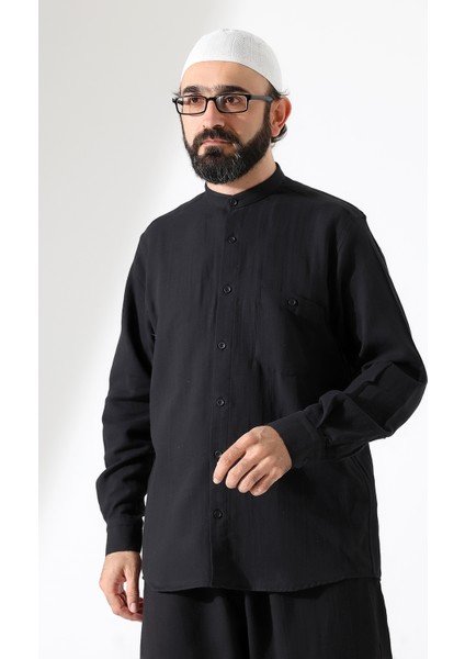Erkek Müslin Hakim Yaka Uzun Kollu Düğmeli Gömlek, Hac Umre Kıyafeti - Siyah (Ans) indirimleri