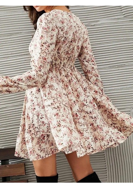 Kadın Uzun Kollu Dantel V Yakalı Mini Desenli Süprem Elbise indirimleri