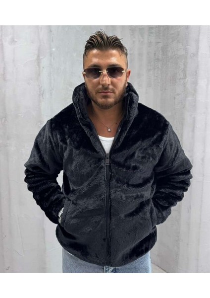 Erkek Peluş Owersize Mont Siyah