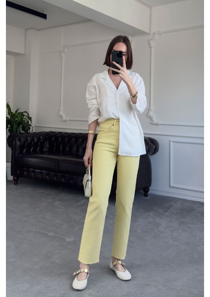Kesik Paça Boyfit Jean- Sarı