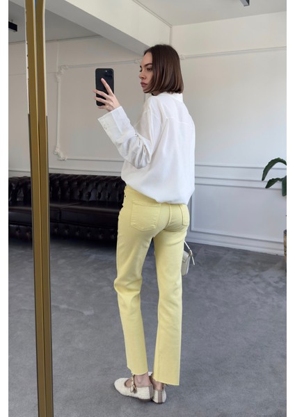 Kesik Paça Boyfit Jean- Sarı