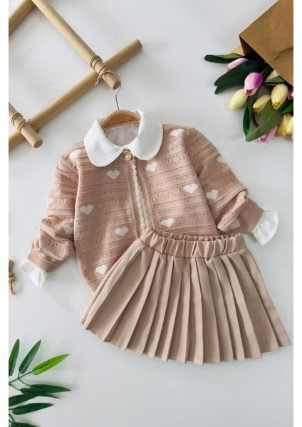Kalp Desenli Triko Hırkalı Pileli Etekli 3 Lü Kız Takımı - Pembe