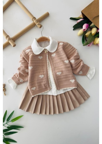 Kalp Desenli Triko Hırkalı Pileli Etekli 3 Lü Kız Takımı - Pembe fiyatları