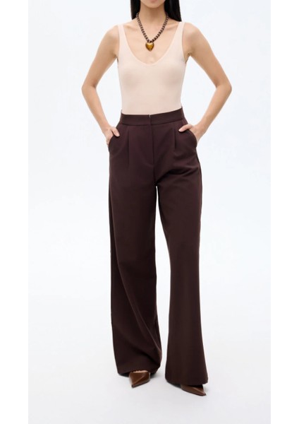 Kadın Bol Paça Kumaş Pantolon Kahverengi