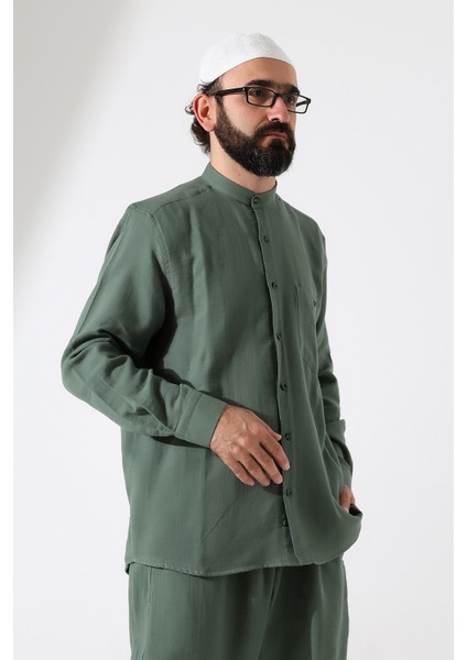 Erkek Müslin Hakim Yaka Uzun Kollu Düğmeli Gömlek, Hac Umre Kıyafeti - Yeşil (Ans)