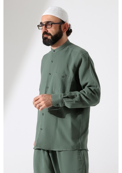 Erkek Müslin Hakim Yaka Uzun Kollu Düğmeli Gömlek, Hac Umre Kıyafeti - Yeşil (Ans) fiyatları