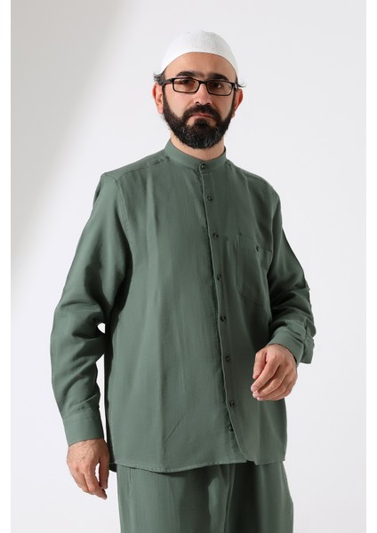 Erkek Müslin Hakim Yaka Uzun Kollu Düğmeli Gömlek, Hac Umre Kıyafeti - Yeşil (Ans) modelleri