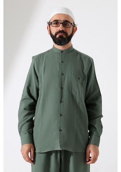 Erkek Müslin Hakim Yaka Uzun Kollu Düğmeli Gömlek, Hac Umre Kıyafeti - Yeşil (Ans) fırsatları