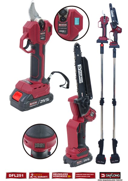 Pro 2.1 M Teleskopik Uzatma Kollu 2'li Set Dijital Bağ Makası + Dijital Dal Budama DFL-251 modelleri