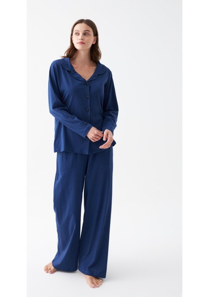 Kadın Lacivert Düğmeli Yaka Detaylı Pamuklu Pijama Takımı