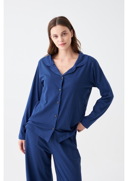 Kadın Lacivert Düğmeli Yaka Detaylı Pamuklu Pijama Takımı fiyatları