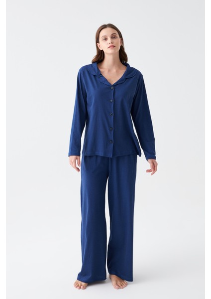 Kadın Lacivert Düğmeli Yaka Detaylı Pamuklu Pijama Takımı modelleri