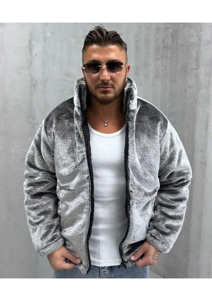 Erkek Peluş Owersize Mont Gri