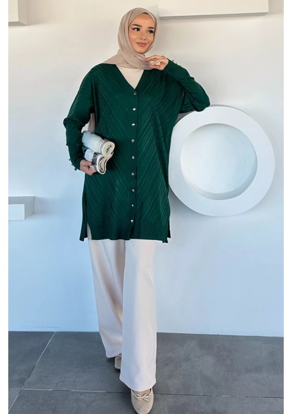 Desenli Ön Düğmeli Tesettür Triko Hırka (M-L-Xl Uyumludur) P-00018882