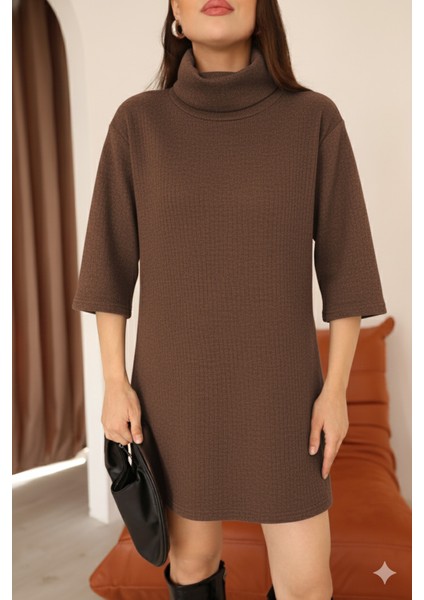 Kadın Kahverengi Selanik Kumaş Boğazlı Geniş Kesim Diz Üstü Elbise fırsatları