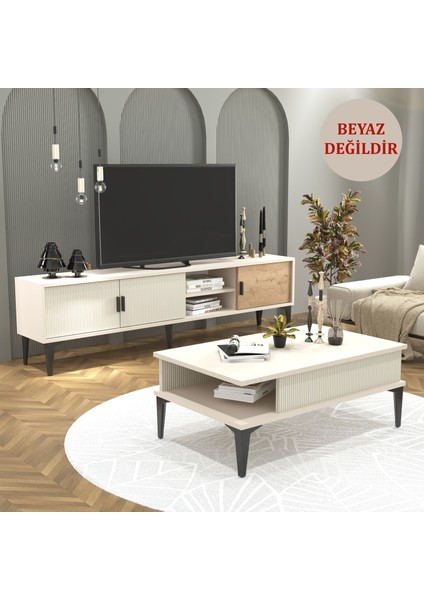 Marin Tv Ünitesi 180 cm - Orta Sehpa Seti Çizgi Desenli , Raflı , Sis Gri