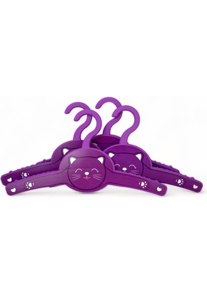 Sevimli Mor Kedili 4'lü Plastik Çocuk ve Bebek Askısı, Bebek Askı Seti, Çocuk Askı Seti