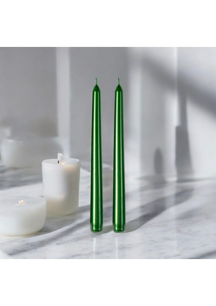 2'li Metalik Yeşil -Şamdan Mum-Konik Mum