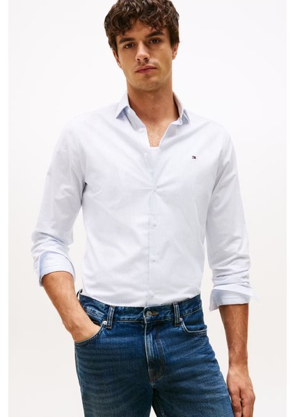 Erkek Slim Fit Çizgili Gömlek - Mavi/beyaz