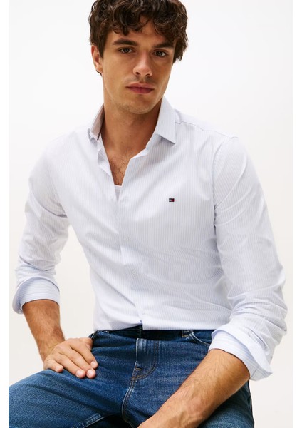 Erkek Slim Fit Çizgili Gömlek - Mavi/beyaz fırsatları