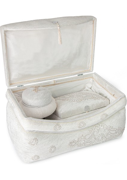 Kadife Yuvarlak Kapaklı Söz Nişan Düğün Çeyizlik Gelin Bohça Sandık Seti (3’lü Set) - Ekru modelleri
