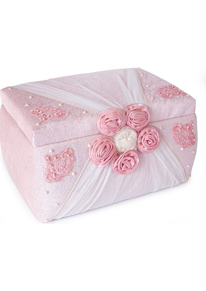 Kadife Süngerli Güllü Dantelli Söz Nişan Düğün Çeyizlik Gelin Bohça Sandık Seti (Büyük+Küçük) - Pudra/beyaz fırsatları