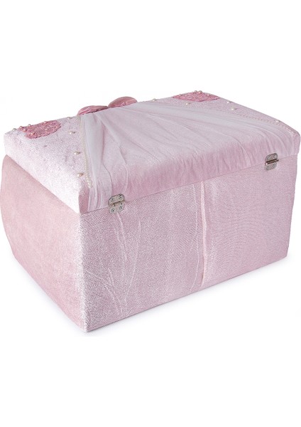 Kadife Süngerli Güllü Dantelli Söz Nişan Düğün Çeyizlik Gelin Bohça Sandık Seti (Büyük+Küçük) - Pudra/beyaz indirimleri