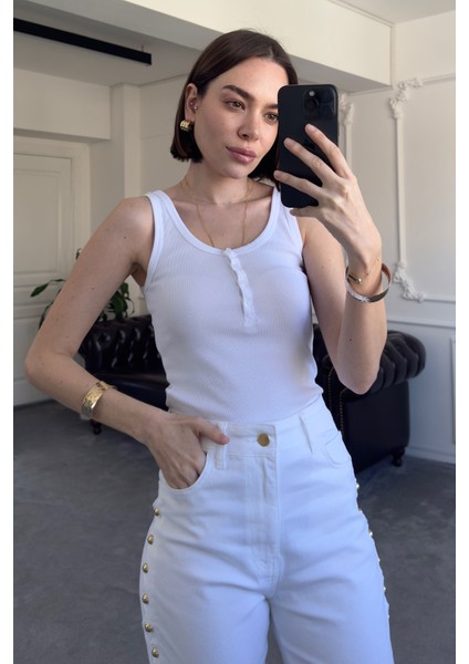 Kalın Askılı Düğmeli Premium Atlet- Beyaz