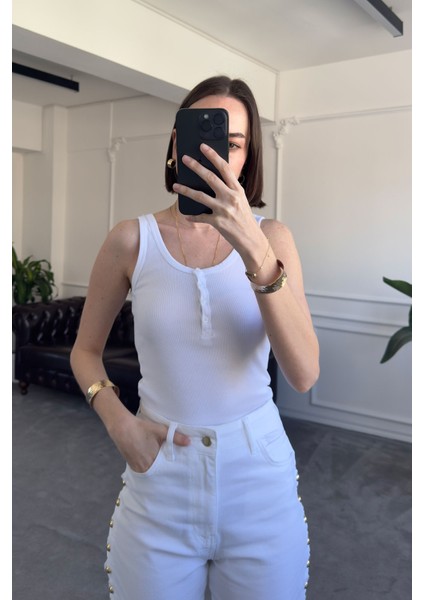 Kalın Askılı Düğmeli Premium Atlet- Beyaz