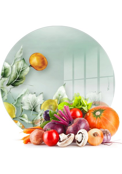 Cam Kesme Tahtası ve Sunumluk Yuvarlak Vintage Fruits 30X30 cm