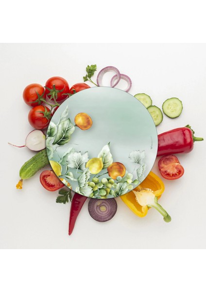 Cam Kesme Tahtası ve Sunumluk Yuvarlak Vintage Fruits 30X30 cm modelleri