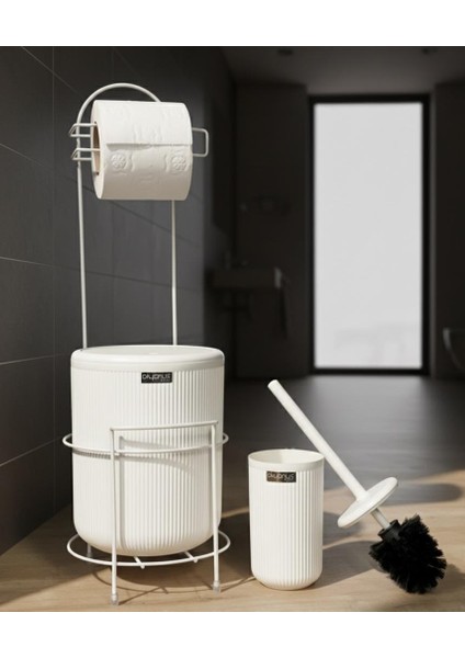 Beyaz Stantlı Wc Kağıtlık Lineayuvarlak Çöp Kovası ve Wc Fırça Seti