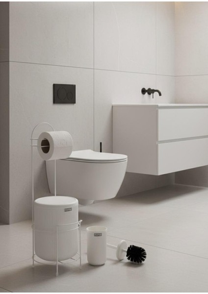 Beyaz Stantlı Wc Kağıtlık Lineayuvarlak Çöp Kovası ve Wc Fırça Seti modelleri