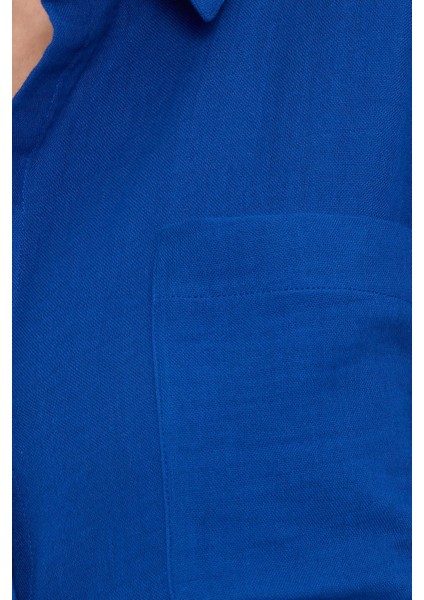 Kadın Oversize Geniş Kesim %100 Pamuk Müslin Kumaş Uzun Kollu Cepli Dokulu Saks Mavi Gömlek