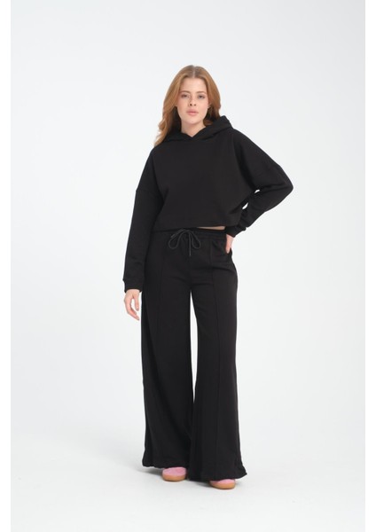 Geniş Paça Bağcıklı Nervürlü Kadın Pantolon/eşofman Altı