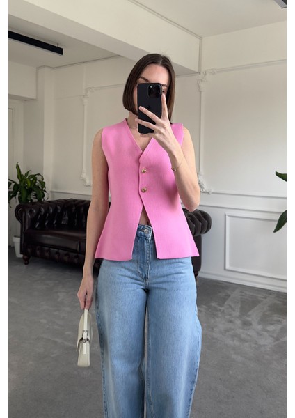 2 Düğmeli Çelik Örgü Yelek- Pembe