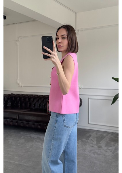 2 Düğmeli Çelik Örgü Yelek- Pembe