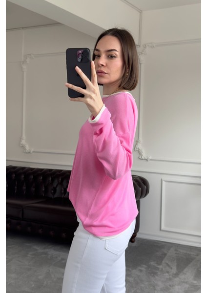 Yakası Renkli Ince Triko Kazak- Pembe