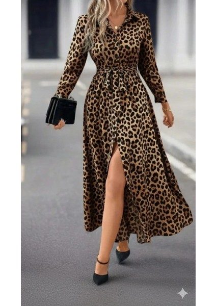 Kadın Uzun Kollu Yakalı Belden Kuşaklı Leopar Desenli Modal Uzun Elbise