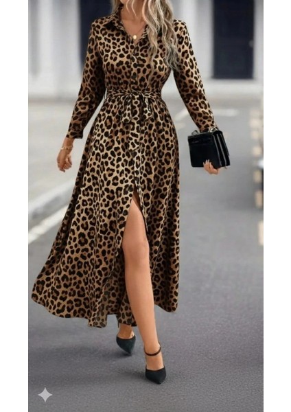 Kadın Uzun Kollu Yakalı Belden Kuşaklı Leopar Desenli Modal Uzun Elbise fırsatları