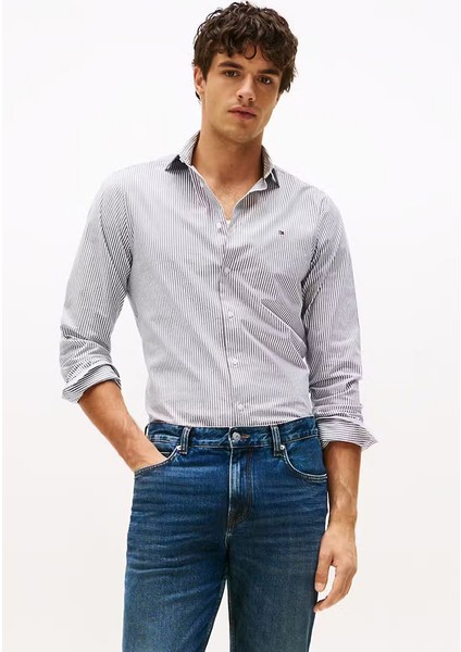 Erkek Slim Fit Çizgili Gömlek - Lacivert/beyaz