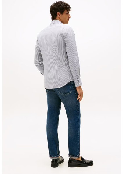 Erkek Slim Fit Çizgili Gömlek - Lacivert/beyaz modelleri