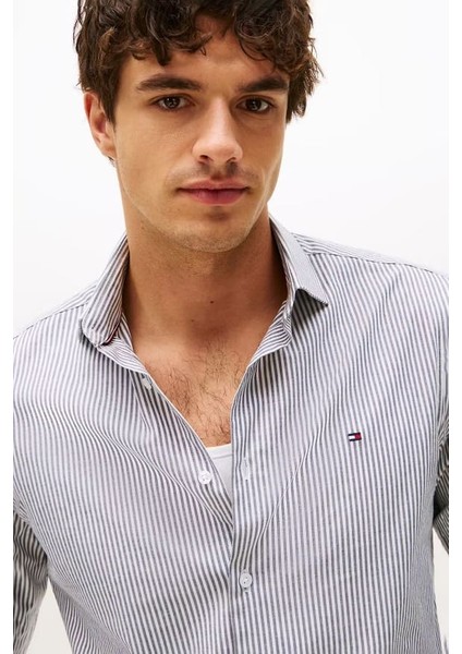 Erkek Slim Fit Çizgili Gömlek - Lacivert/beyaz fırsatları