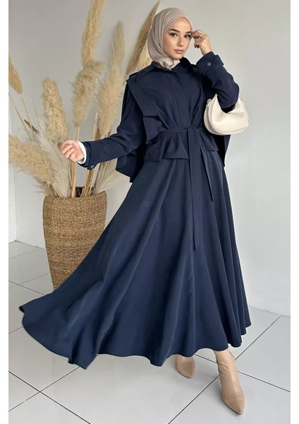 Pelerinli ve Kemerli Ceket Etek Tesettür Ikili Takım P-00018944