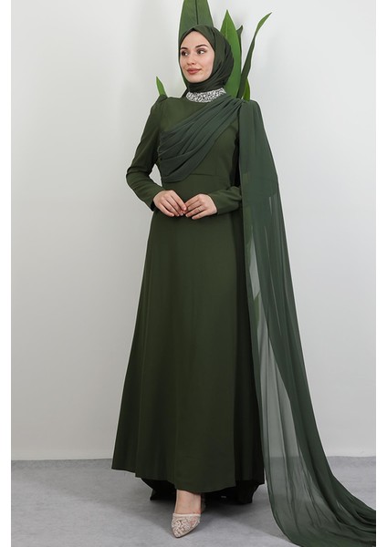 Yakası Taşlı Elbise Haki